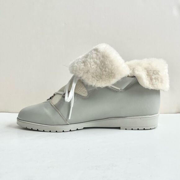 La Canadienne Wedge Heel Boots Pale Dove Gray White Leather Shearling Size 7 - Picture 2 of 13